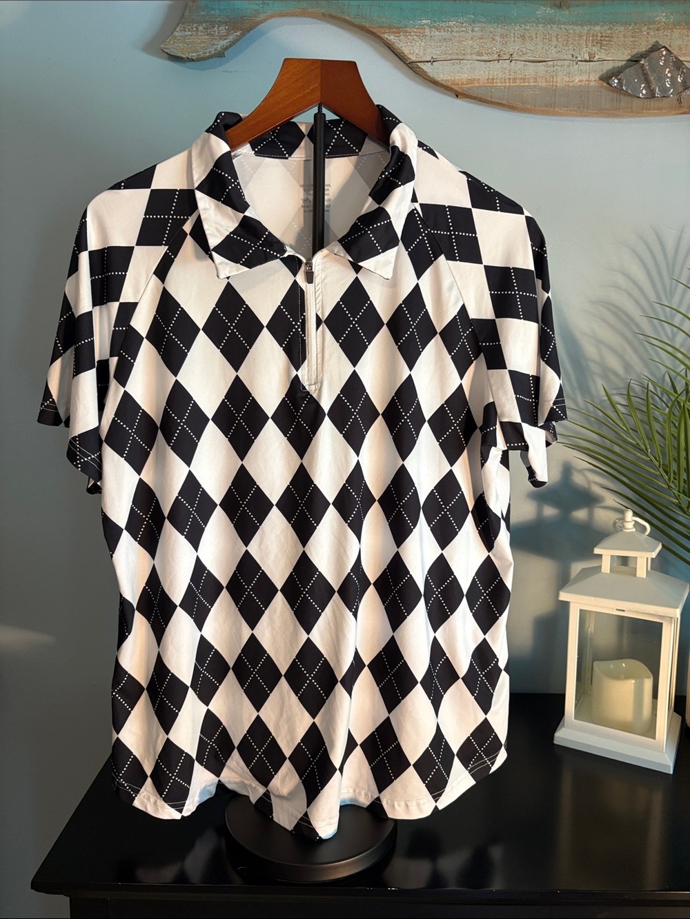 Black and White Argyle Polo Top golf shirt- women’s